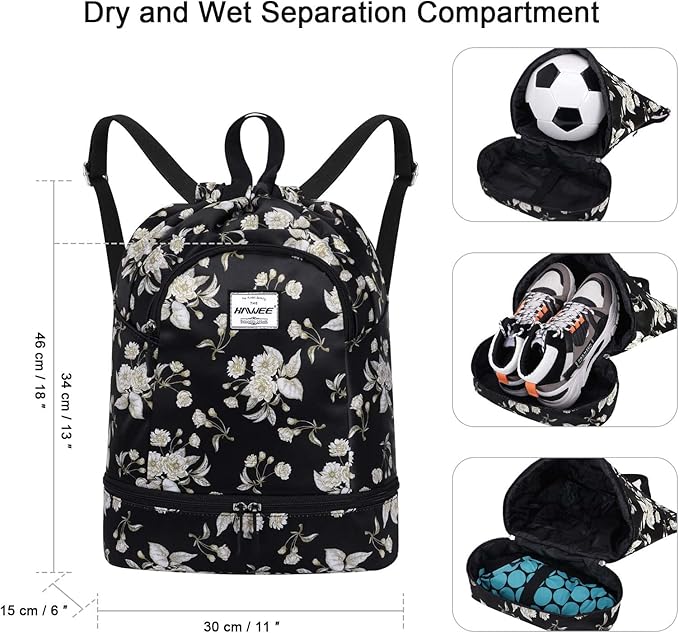 Dry Wet Drawstring Backpack with Shoe Compartment for Women Adjustable Gym Bag
