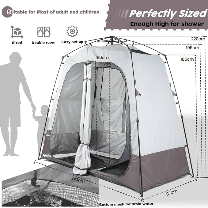 Camping Shower Tent Deluxe Changing Room Easy Set Up Privacy Shelter,Large Toilet Tent 2 Rooms with Floor Drain Design for Beach, Camping,Hiking with Stakes and Ropes for Stability