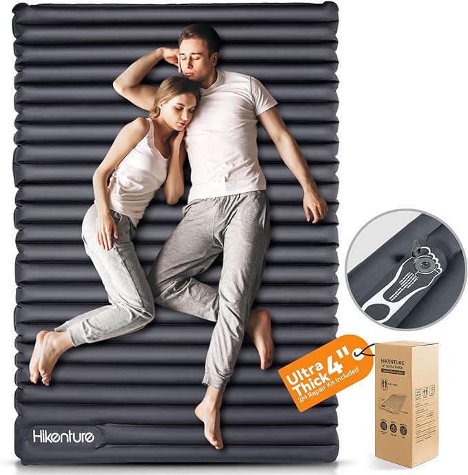 Hikenture Double Sleeping Pad for Camping, 4" Extra-Thick Camping Mattress 2 Person, Inflatable & Ultralight Sleeping Mat for Backpacking, Hiking (Grey Foot Pump, Full XL)