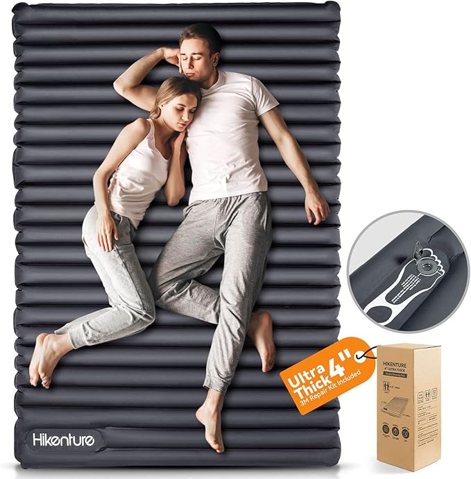 Hikenture Double Sleeping Pad for Camping, 4" Extra-Thick Camping Mattress 2 Person, Inflatable & Ultralight Sleeping Mat for Backpacking, Hiking (Grey Foot Pump, Semi Double(79 * 47.5 in))
