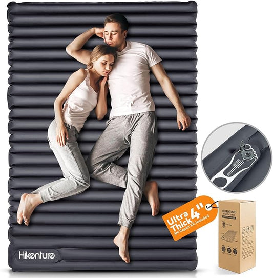 Hikenture Double Sleeping Pad for Camping, 4" Extra-Thick Camping Mattress 2 Person, Inflatable & Ultralight Sleeping Mat for Backpacking, Hiking (Grey Foot Pump, Semi Double(79 * 47.5 in))