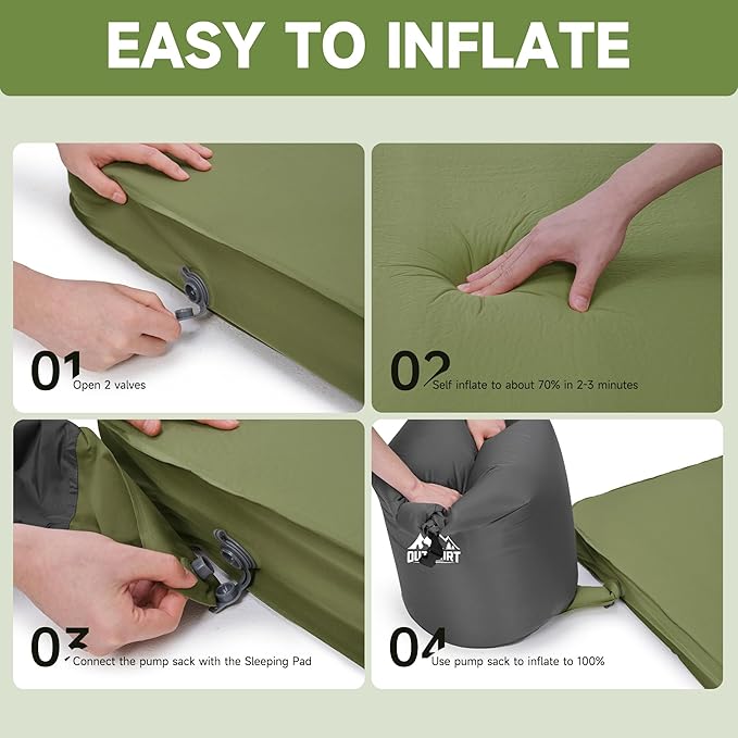 OUTSKIRT Camping Mattress, Self Inflating Sleeping Pad with Pump Sack, Foam Camping Pad for Sleeping, 4” Thickness Sleeping Mat for Camp/Travel/Car/Tent, 4 Season Camp Air Mattress