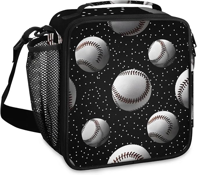 Baseball Black Kid Lunch Bags with Shoulder Strap Insulated Lunch Boxes for Boy Girls Waterproof Thermal Cooler Tote Bag Portable Picnic Bag for School Work Outdoor Gifts