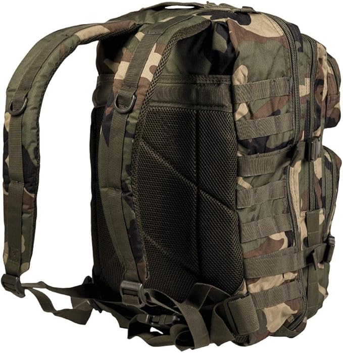Mil-Tec Unisex Assault Pack - Rugged Durable Lightweight Ergonomic Versatile Tactical Outdoor Camping Hiking Backpack with Adjustable Padded Shoulder Straps & MOLLE Loops, Woodland Camo, 36L