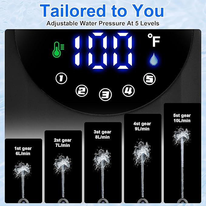 Lightweight Portable Camping Shower, 6000mAh Rechargeable Outdoor Shower Pump with 5 Pressure Modes, Filtered Shower Head, Temperature & Power Display for Hiking, Travel, Washing, Emergency