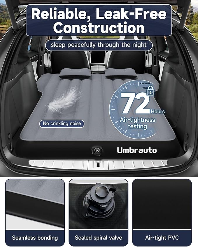 Umbrauto Air Mattress for Tesla Model Y, Custom Inflatable Camping Bed for Back Trunk, Upgraded Sleeping Pad w/Soft Flocking Surface, Durable 210T Fabric Bottom, Portable Pump for SUV Outdoor Travel
