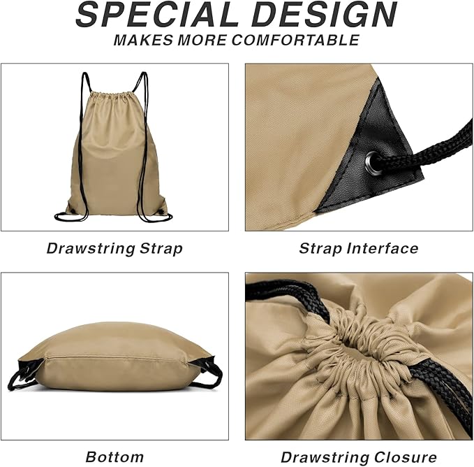 BuyAgain Drawstring Backpack Sports Water Resistant String Bag Sport Gym Sackpack for Women Men Large with Zipper, Khaki