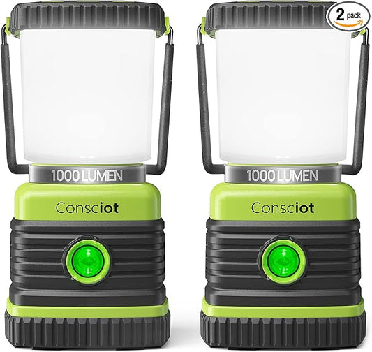 LED Camping Lantern, Consciot Battery Powered Camping Lights, 1000LM, 4 Light Modes, IPX4 Waterproof Tent Lights, Portable Flashlight for Power Outages, Emergency, Hurricane, Hiking, 2-Pack