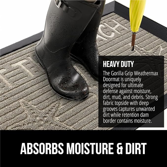 GORILLA GRIP 100% Waterproof All-Season WeatherMax Doormat, 47x35, Durable Natural Rubber, Stain and Fade Resistant, Low Profile, Indoor Outdoor Door Mats, Easy Clean Patio Entrance Mat, Sand Beach