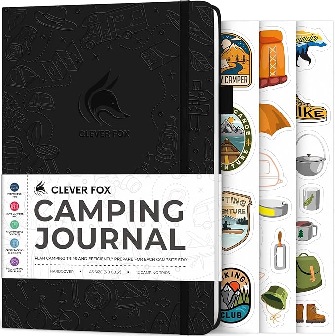 Clever Fox Camping Journal – Camper Log Book & RV Trip Planner – Outdoor Camp Journal & Adventure Travel Notebook – 12 Trips Total, 8 Pages per Trip – Hardcover, A5 Size (Black)