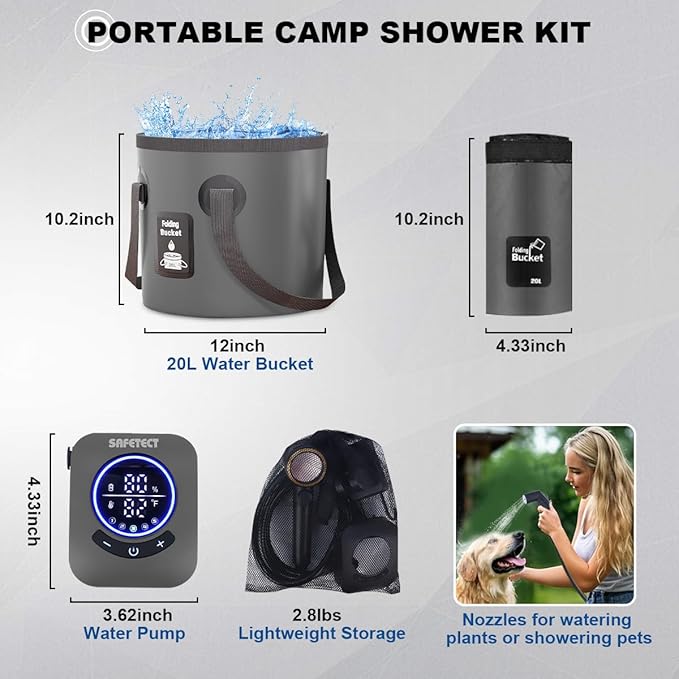Portable Camping Shower Pump, 5 Speed Mode, 8000mAh Rechargeable Shower Pump, 4 Mode Shower Head and 20 L Foldable Bucket, Camp Shower for Hiking,Travel Beach, Pet Bath, Car Washing