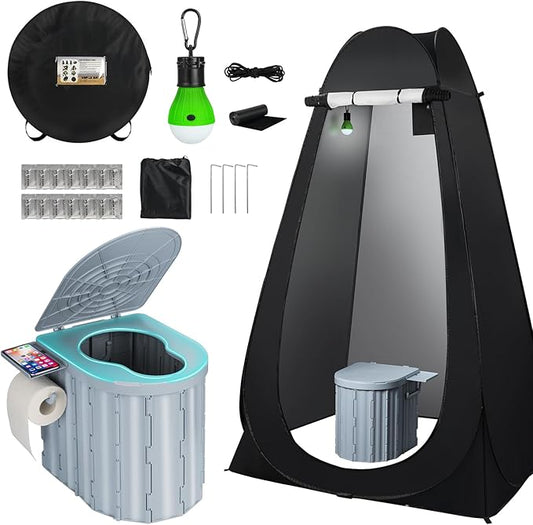 Portable Camping Toilet with Pop-Up Privacy Tent, 12-inch Toilet Seat, Outdoor Portable Folding Toilet Potty for Adults Load Capacity of 400 Lbs, LED-Light Camping Bathroom