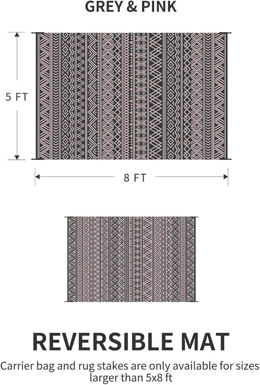 MontVoo Outdoor Rug Carpet Waterproof 5x8 Outdoor Patio Rug Mat Reverisble Plastic Straw Outdoor Rug for RV Camping Picnic Beach Balcony Boho Pink Grey