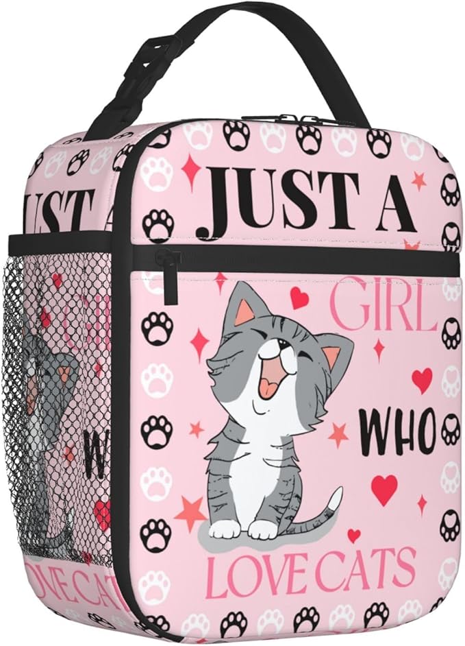 Cute Cat Pink Lunch Bag Large Capacity Heat Insulated Lunch Box, Just A Girl Who Loves Cats Leakproof Durable Portable Reusable Handbags Thermal Cooler Tote Bag for School