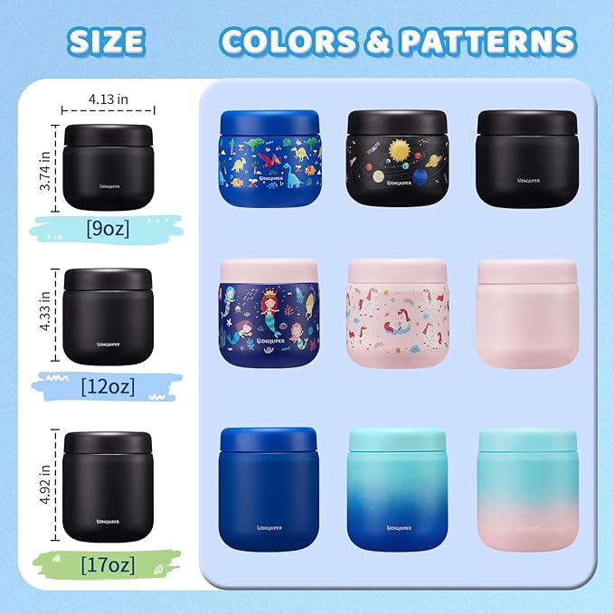 9 OZ Girls Thermo Food-Container with Carrier Bag - Wide Mouth Leakproof Baby Kids Lunch Thermal Insulated Jar for Food Fruits Veg Soup, Cute Pink Unicorn, Keep Hot 8H/Cold 12H