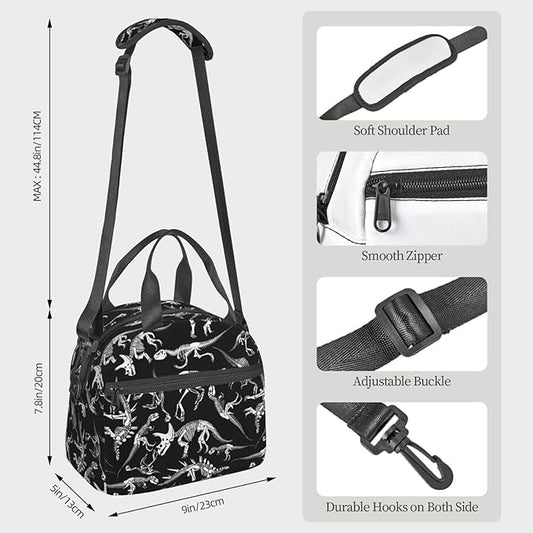 bassyil Dinosaur Insulated Lunch Bag Reusable Lunch Box With Adjustable Shoulder Strap Cooler Tote Bag For Men Women