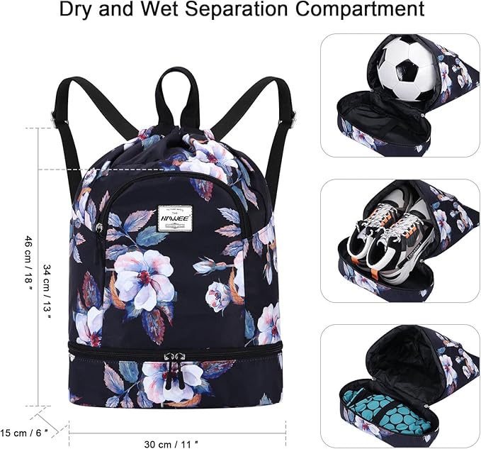 Dry Wet Drawstring Backpack with Shoe Compartment for Women Adjustable Gym Bag