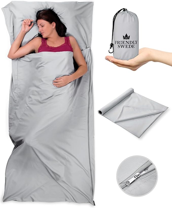 The Friendly Swede Sleeping Bag Liner — Ultralight Polyester or Cold Weather Microfiber Adult Sleep Sack; Thin Travel Sheets for Hotel; Camping Sheets; Travel Sleeping Bag with Pocket-Size Stuff Sack