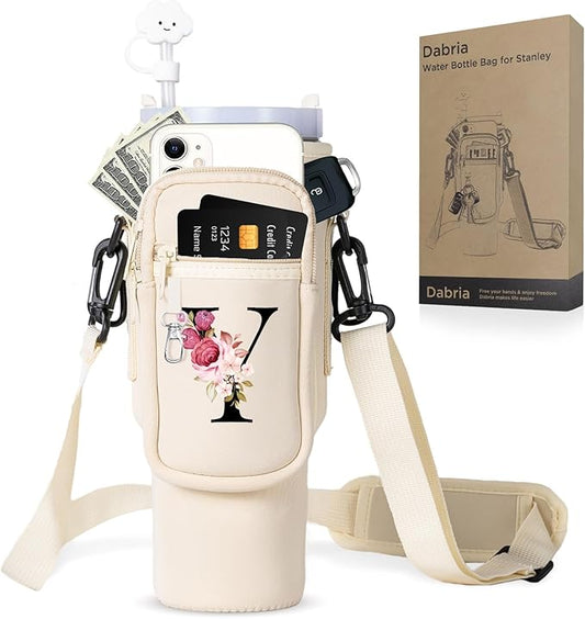 dabria Initial A-Z Water Bottle Bag with Phone Pocket for Stanley 40 oz Tumbler Neoprene Water Bottle Holder Pouch with Adjustable Strap Bollus with Straw Cover & Carabiner for Stanley Cup Accessories