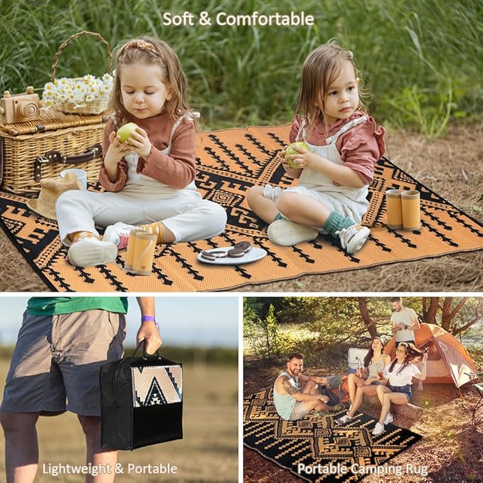 LILIOFFIC Outdoor Rugs for Patio Clearance - 5'x8' Waterproof Reversible Indoor Outdoor Rug Carpet, Portable Outdoor Plastic Straw Rug for RV Camping, Picnic, Beach, Porch, Deck, Black & Brown