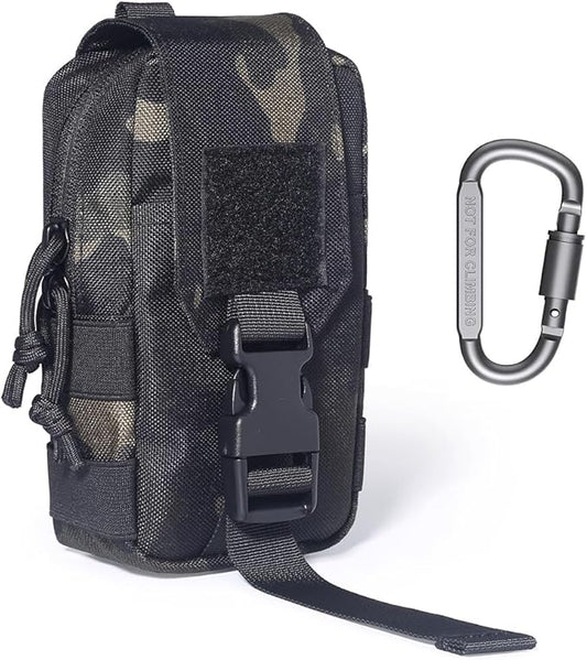 Tactical MOLLE Pouch - 1000D Nylon EDC Organizer, Compact Belt Pouch for Outdoor Gear, Hiking & Camping Accessories with Bonus Carabiner(Black camo)