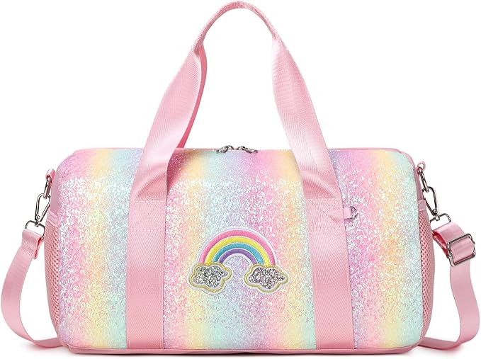 Ballet Dance Bag for Girls Dancers Shiny Rainbow Glitter Sports Duffle Bag for Kids Girls Ballerina Duffle with Shoulder Strap and Waterproof Wet Pocket