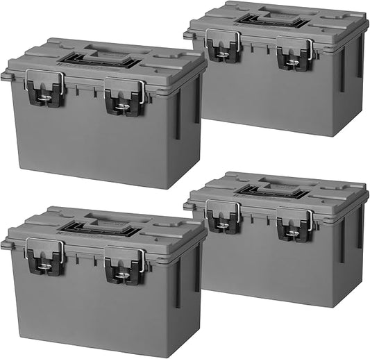 Sheffield 12766 4-Pack XL Ammo Storage Box, Stackable .50 Cal Field Boxes, Water and Dust Resistant, Lockable Storage Box with Handle, Heavy Duty Protection for Hunting Gear, Made in the USA, Gray