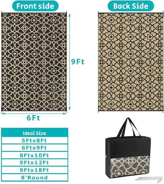 HEBE Outdoor Rug 6'x9' for Patios Waterproof Clearance Reversible Patio Mat Plastic Straw Rug RV Camping Mat Outside Area Rug Carpet for Camping RV,Porch,Deck,Balcony,Camper,Backyard