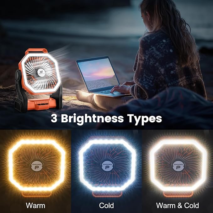 Odoland Camping Fan with LED Lantern, 20000mAh Rechargeable Battery Operated Fan, Portable Outdoor Light with Rotation Hook for Picnic Power Outage Hurricane Emergency Home Patio, Orange