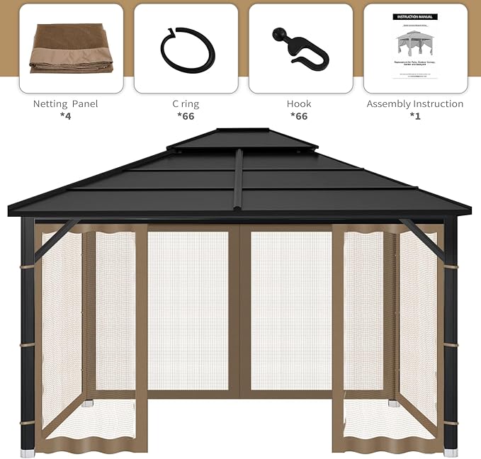 Gazebo Replacement Mosquito Netting Outdoor Universal Gazebo Canopy 4-Panels Screen Sidewalls with Zipper for Patio Garden (Brown, 10x12)