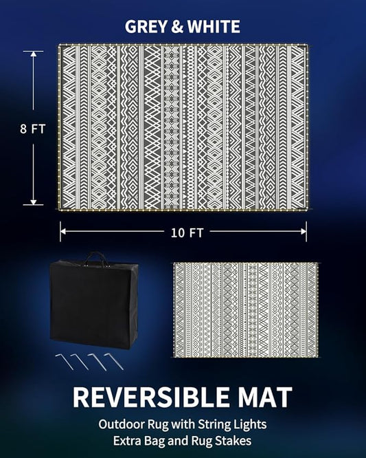 MontVoo-Outdoor Rug Carpet 8x10 ft for Patio RV Camping with Led Strip Lights Waterproof Plastic Straw Rug Reversible Portable Outside Indoor Outdoor Rug Mat for Patio Decor Balcony Picnic-Boho Rug