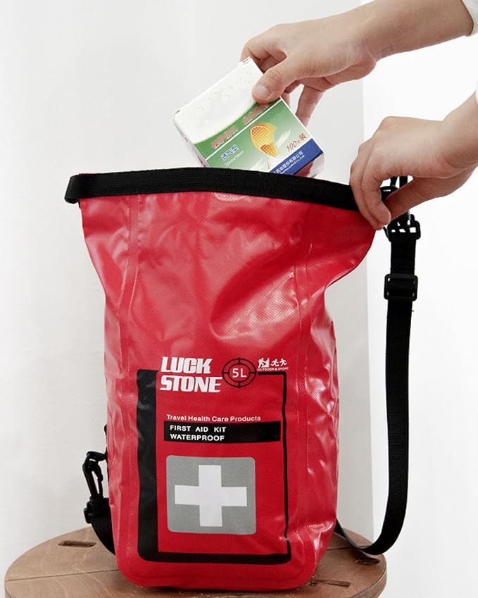 5L Waterproof First Aid Kit Bag Empty, Small Medicine Travel Storage Medicine Organizer Roll Top Dry Bag Cross Body, for Traveling, Camping, Kayaking, Boating, Beach, Red
