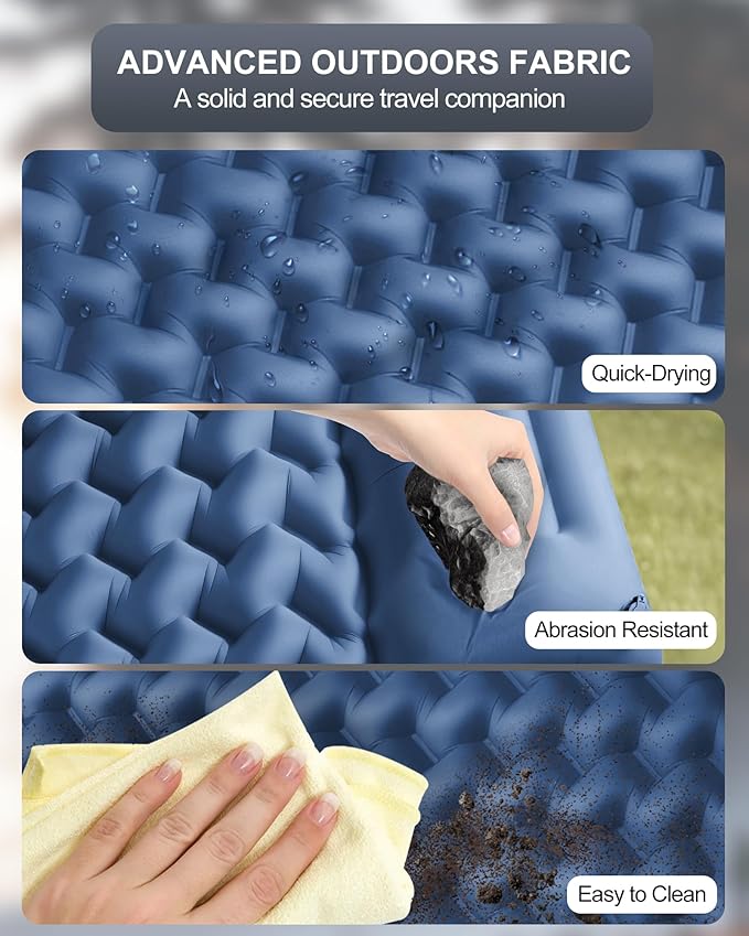 Inflatable Camping Sleeping Pad with Pillow & Foot Pump, 3"x79"x26" Single Camping Air Mattress, Compact Roll-Up, Quick-Dry & Durable Sleeping Mat for Backpacking, Hiking, Tent, Travel – Blue