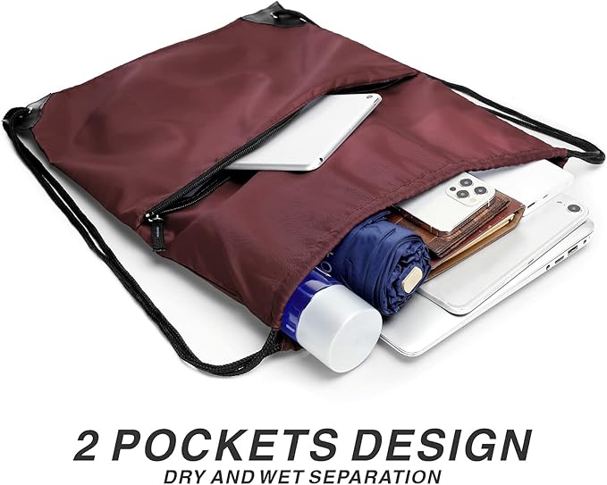 BuyAgain Drawstring Backpack Sports Water Resistant String Bag Sport Gym Sackpack for Women Men Large with Zipper, Burgundy