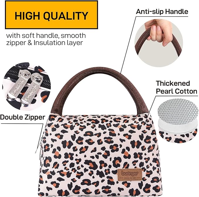 Buringer Insulated Lunch Bag Lunch Box for Women Men Adult Lunch Tote for Work Picnic Travel (Leopard Print)