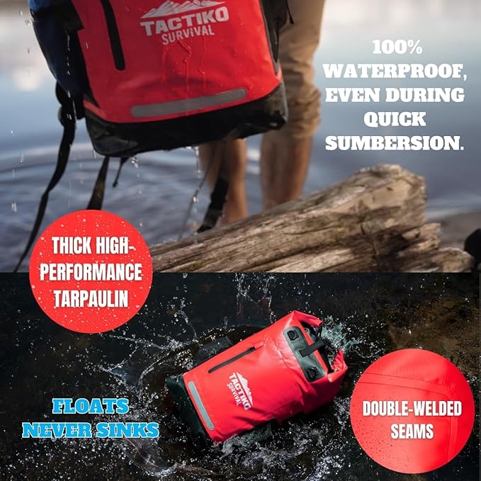 TACTIKO 30L Heavy-Duty 100% Waterproof Backpack, Roll Top Dry Bags for Kayaking, Hiking, Camping, Survival