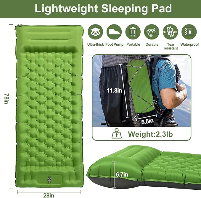 Camping Sleeping Pad, 50D Extra Thickness 4.7 Inch Inflatable Sleeping Mat Lightweight Waterproof Camping Pad, Foot Self-Inflating Sleeping Pads for Backpacking, Hiking, Traveling (Green+Grey)