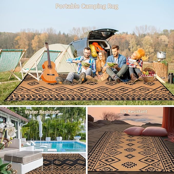 LILIOFFIC Outdoor Rugs - Reversible Mats, 5'x8' Plastic Straw Rug for Patio Clearance Waterproof, Indoor Outdoor Area Rug Carpet for Outside, RV, Deck, Picnic, Beach, Trailer, Camping, Black & Brown