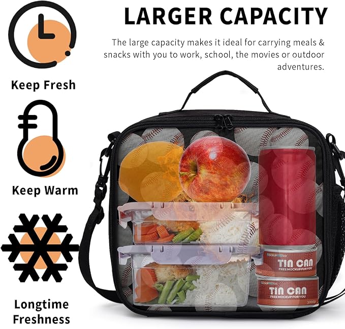 Fire Baseball Sport Pattern Lunch Bag Fire Sport Black Lunch Boxes for Women/Man Office Work Travel School Work Picnic Durable Reusable Insulated Large Lunch Tote Bag with Adjustable Shoulder Strap