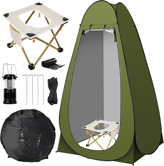 Portable Toilet Pop Up Privacy Tent Set, Outdoor Camping Bathroom Tent Potty for Adults, Stainless Steel Toilet Kit with Night Lantern, Foldable Instant Shower Changing Dressing Room with Carry Bag