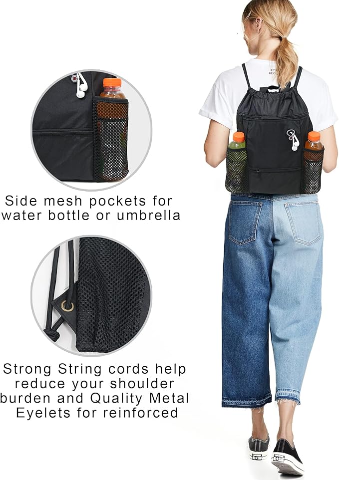 BeeGreen Drawstring Backpack Sports Gym Bag With Shoe Compartment and Two Water Bottle Holder …