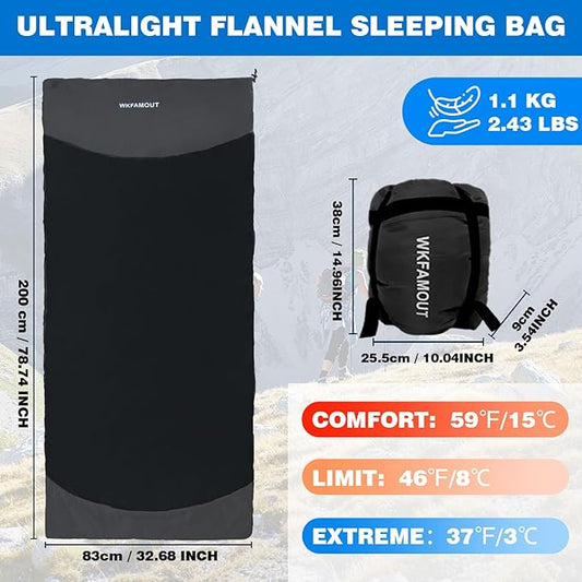 Backpacking Flannel Sleeping Bag Lightweight for Adults Hiking Ultralight Compact Sleeping Bag Portable Warm Weather Summer with Compression Sack