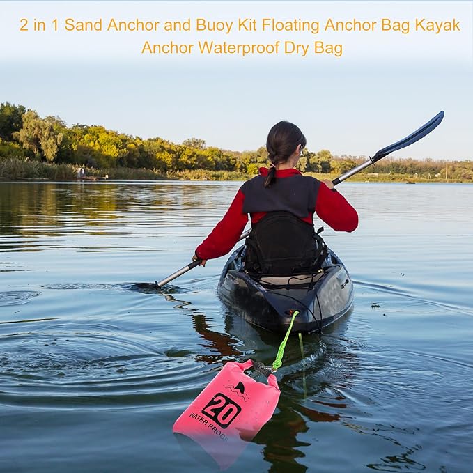 4 Set 2 in 1 Sand Anchor and Buoy Kit Floating Bag Kayak Anchor Waterproof Dry Bag for Lake Beach Boats Watercrafts Hiking Camping Water Sports Surfing Tubing Kayaking(Rose Red)