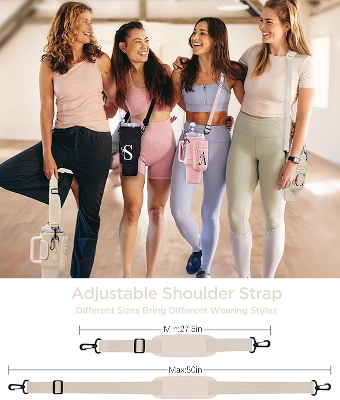 dabria Initial A-Z Water Bottle Bag with Phone Pocket for Stanley 40 oz Tumbler Neoprene Water Bottle Holder Pouch with Adjustable Strap Bollus with Straw Cover & Carabiner for Stanley Cup Accessories