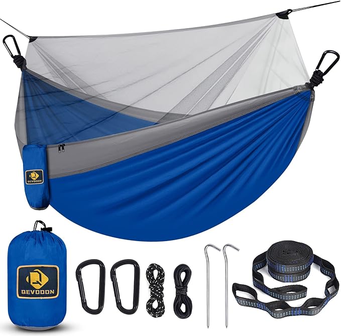 Camping Hammock with Net,Travel Portable Lightweight Hammocks with Tree Straps and Solid D-Shape Carabiners,Parachute Nylon Hammock for Outsides Backpacking Beach Backyard Patio Hiking Blue & Grey