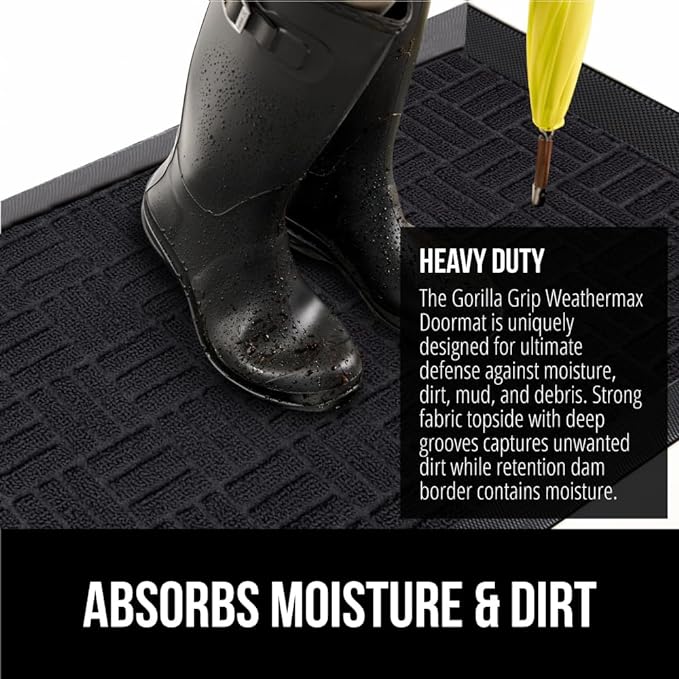 GORILLA GRIP 100% Waterproof All-Season WeatherMax Doormat, Durable Natural Rubber, Stain and Fade Resistant, Low Profile, Indoor Outdoor Door Mats, Easy Clean Patio Entrance Mat, 17x29, Midnight Maze