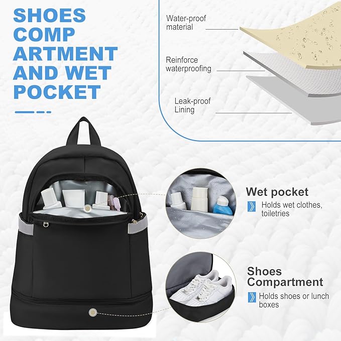 coofay Black Gym Backpack For Women Men Travel Backpack With Shoe Compartment Waterproof Sports Bag Gym Bag Dance Backpacks For Dancers