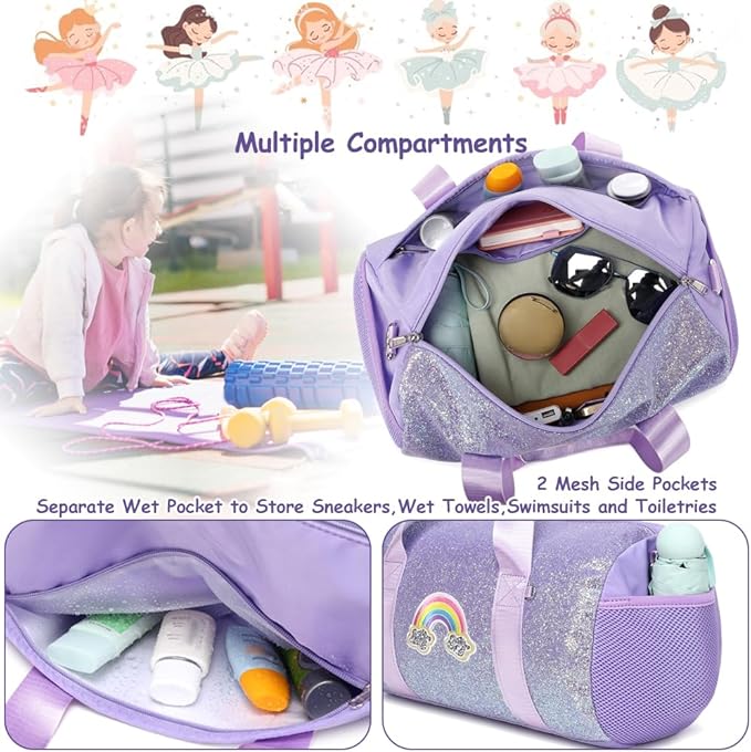 Ballet Dance Bag for Girls Shiny Rainbow Glitter Sports Duffle Bags for Girls Ballerina Duffle with Waterproof Dry Wet Separated Compartment