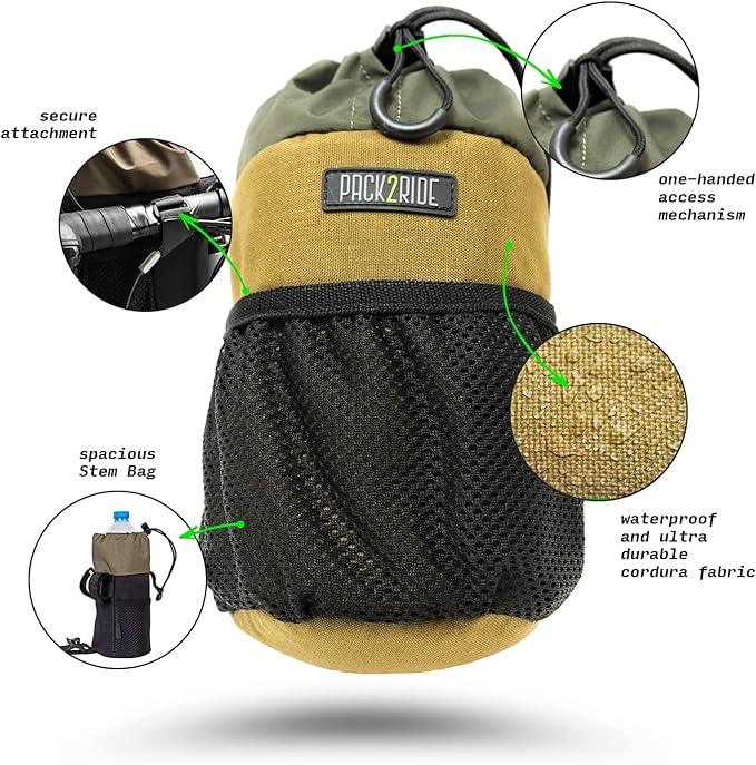 Bongo Bike Handlebar Bag - Water Resistant & Durable Fabric Bicycle Water Bottle Holder, Secure Attachment Bikepacking Stem Bag, Front Biking Storage, Bike Organizer for Cycling - Coyote