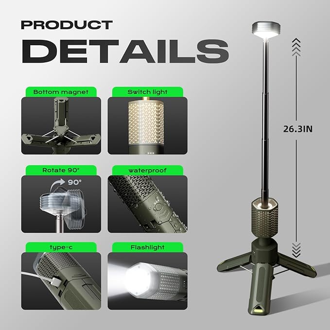 Camping Light, Telescopic Camping Lantern with Storage Bag, Collapsible, Magnetic, 10500mAh Battery, Rechargeable Outdoor Portable Lights for Hiking, Fishing, and Travel (Dark Green)